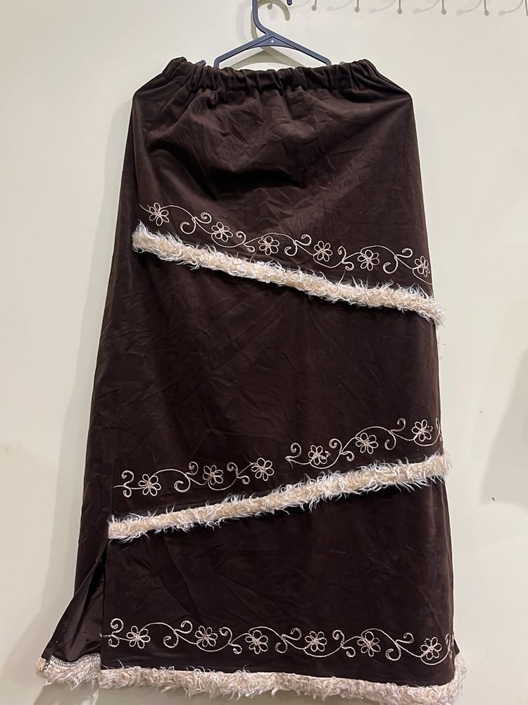 Brown Embroidered Fur Trim Maxi Skirt