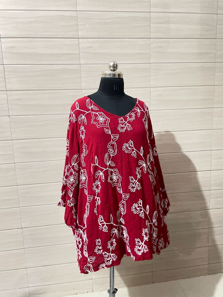 5XLRed Floral Embroidered V-Neck Kurta