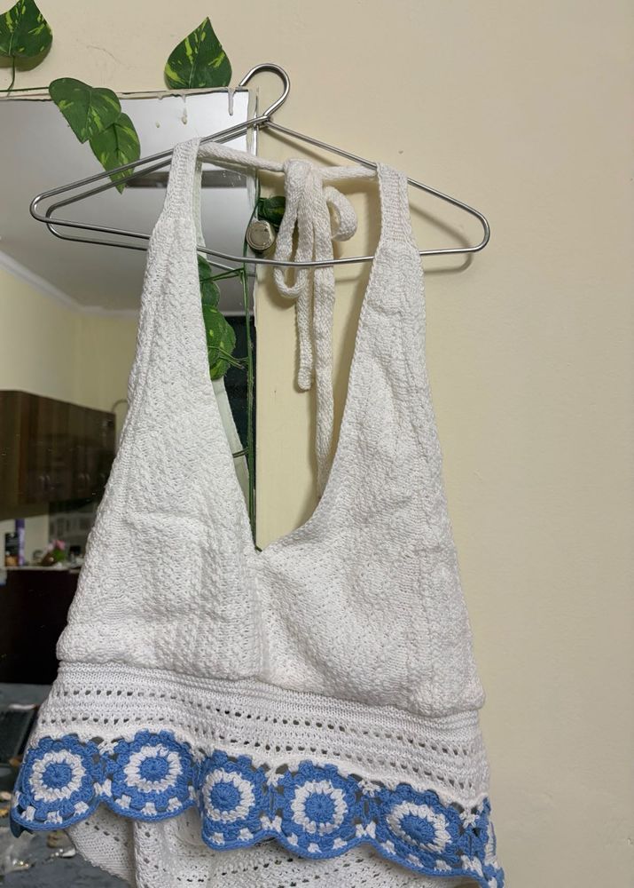 White Crochet Halter Neck Top
