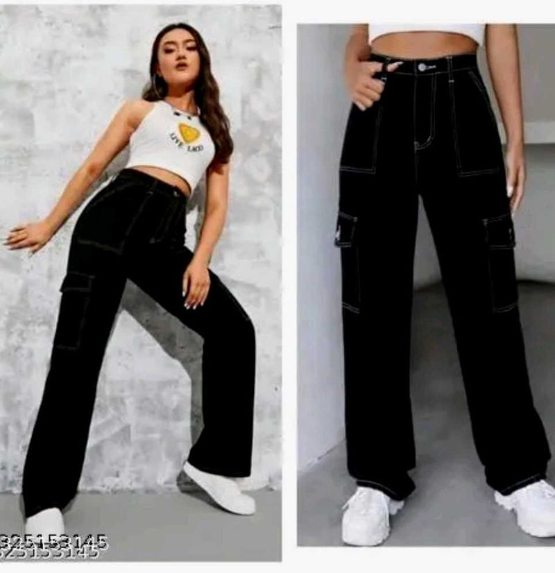 Black Cargo Pants with Contrast Stitching