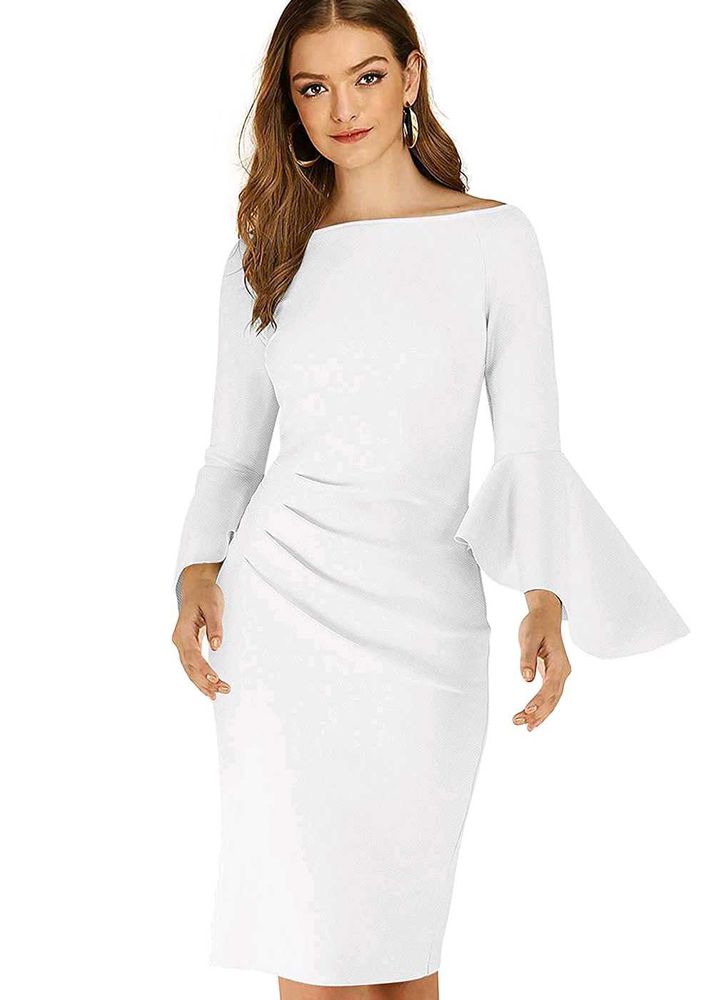 Chic White Bell Sleeve Sheath Dress