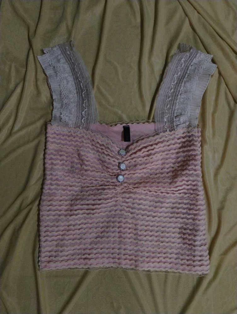 Cute Pink Lace Trim Tank Top