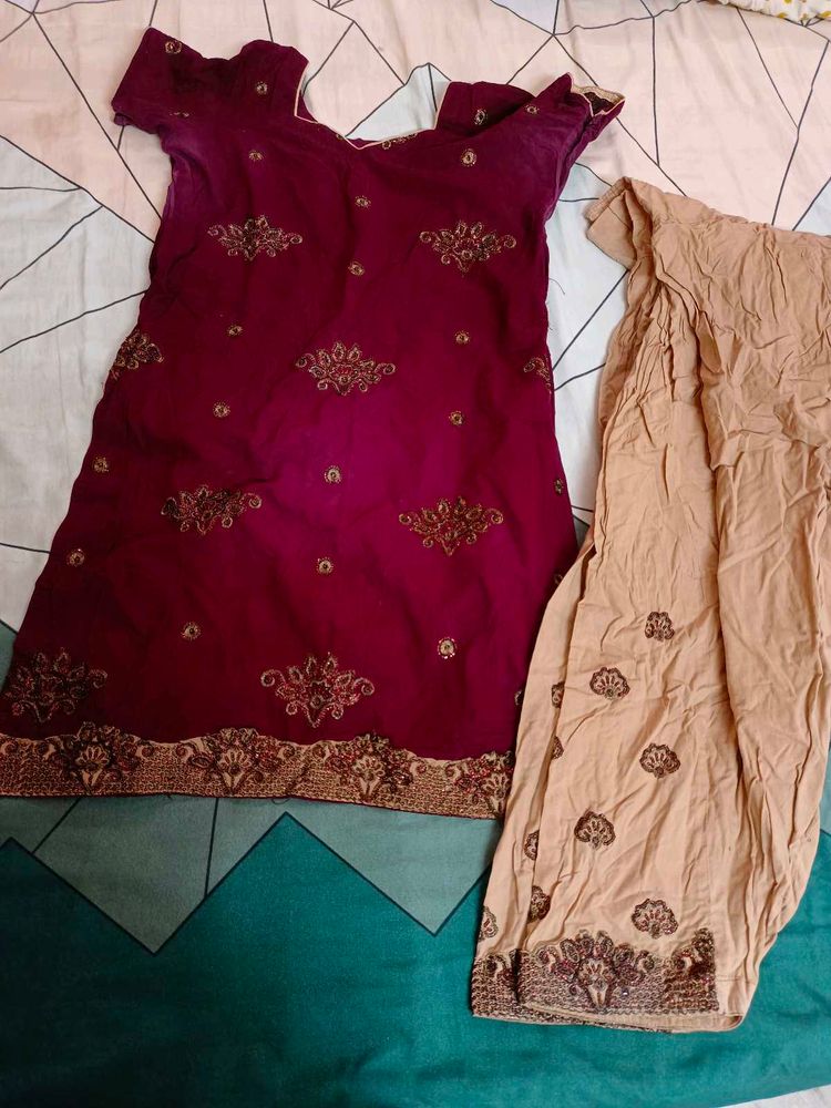 Embroidered Maroon Kurta Set