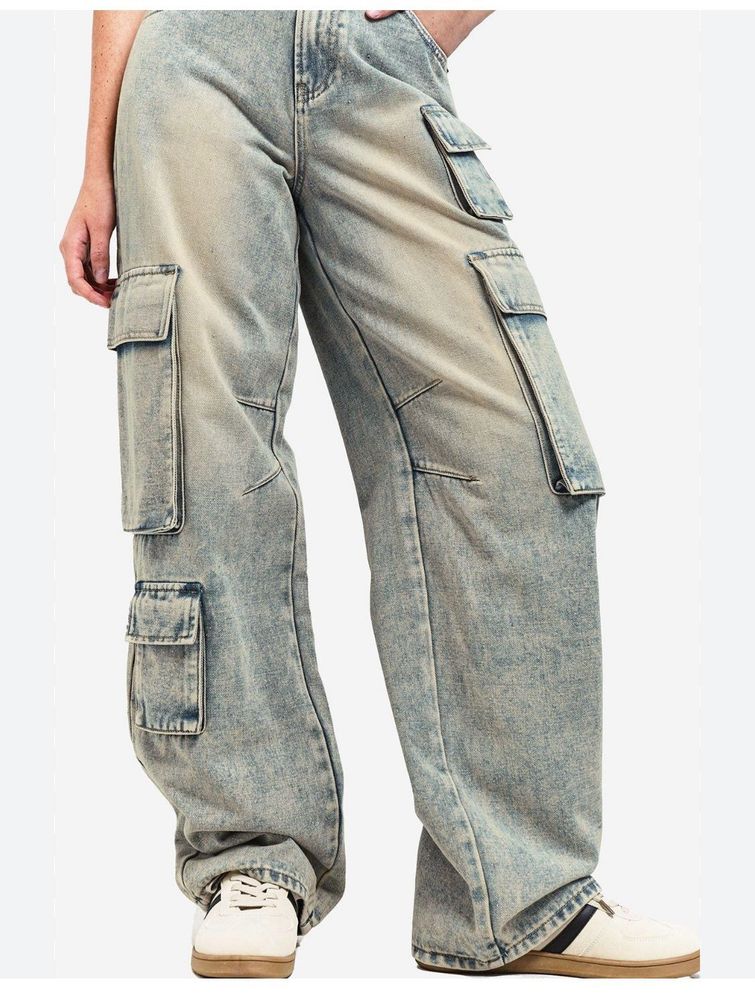 Acid Wash Baggy Fit Denim Cargo Pants