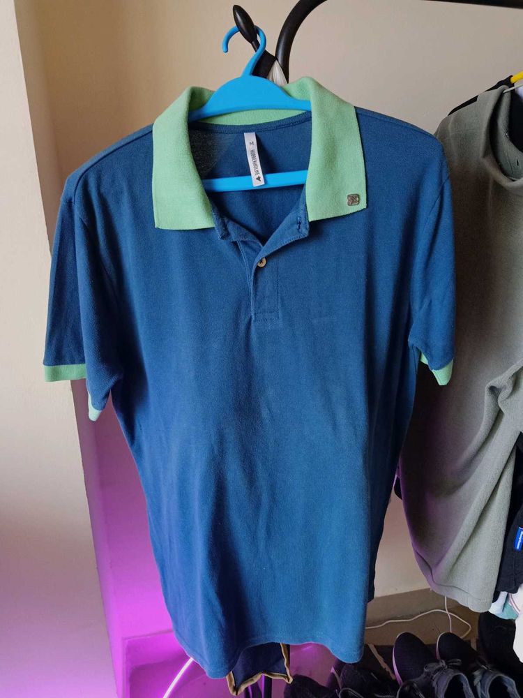 Men's Blue Polo Shirt with Green Collar