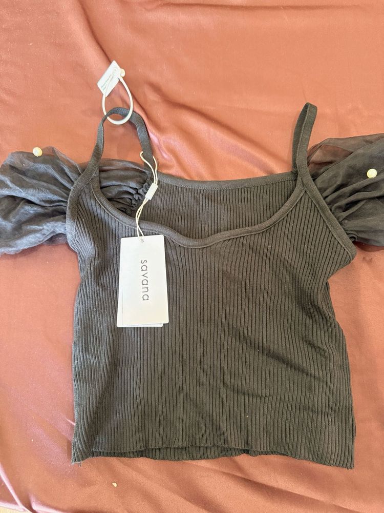 Sheer Puff Sleeve Ribbed Crop Top