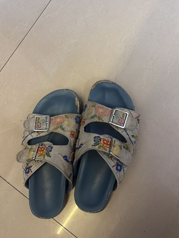 Embroidered Floral Double Strap Sandals