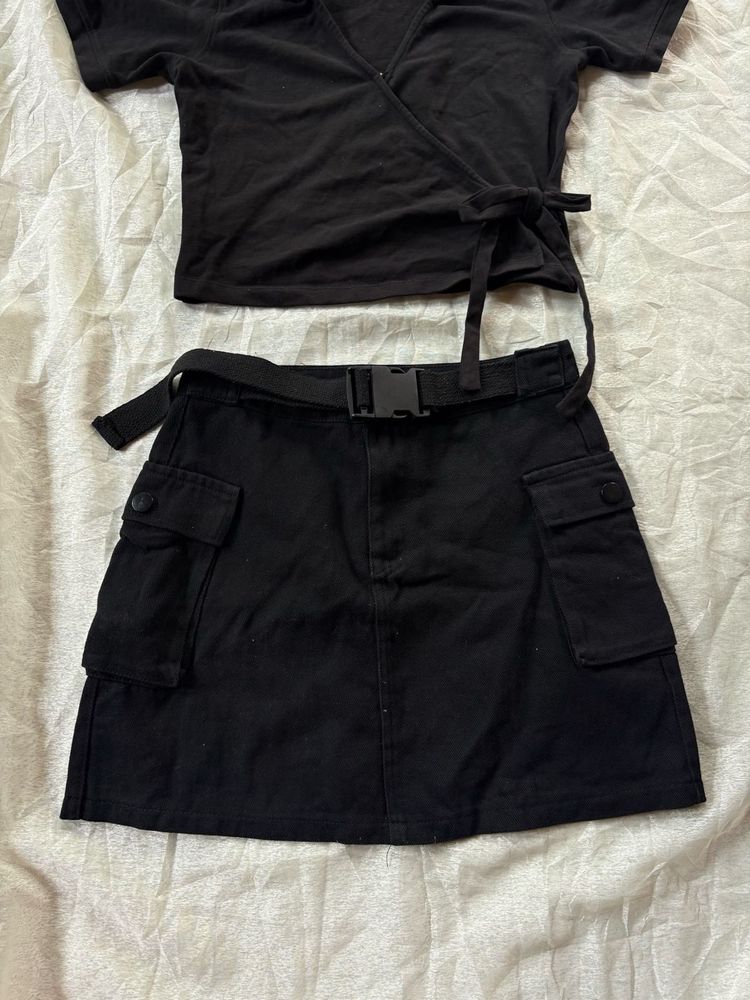 Black Wrap Top &amp; Cargo Skirt Set