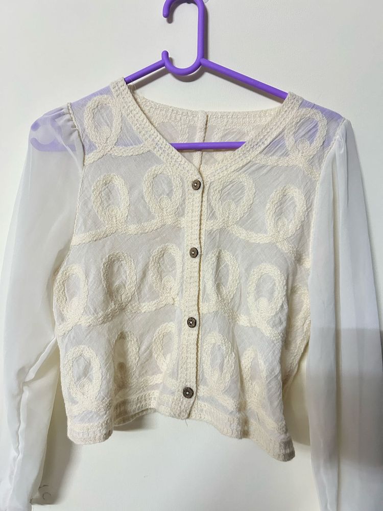 Elegant White Sheer Sleeve Embroidered Blouse