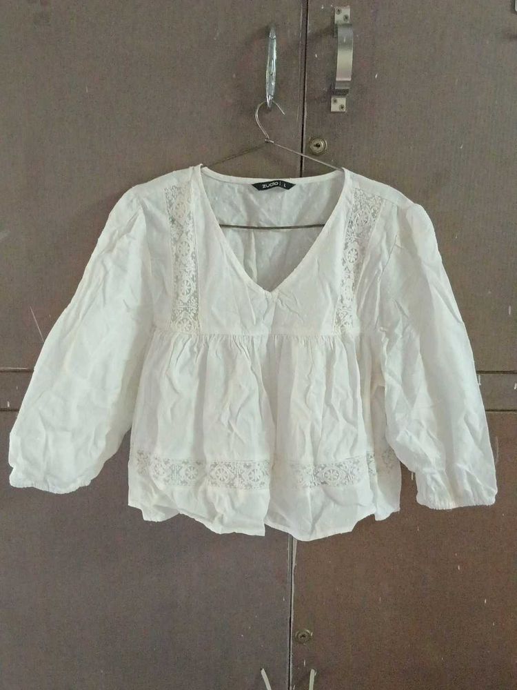 White Lace Trim V-Neck Top