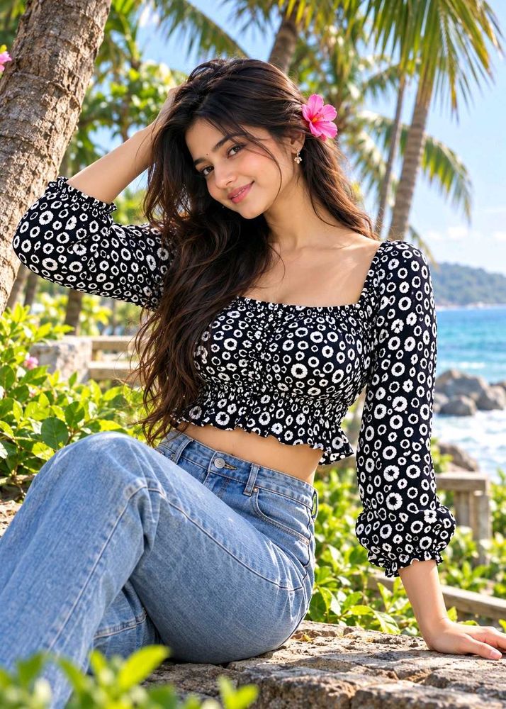 Chic Black &amp; White Circle Print Crop Top