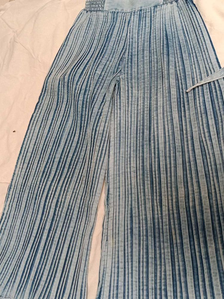 Blue Pleated Wide-Leg Pants