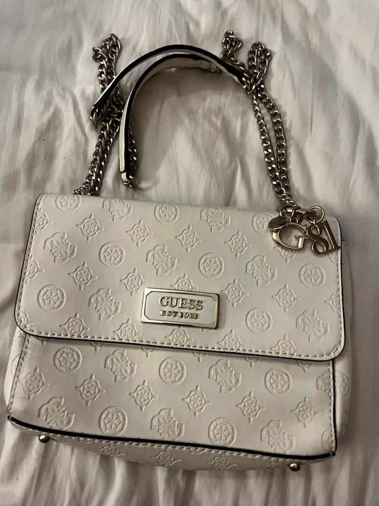Guess White Embossed Chain Shoulder Bag