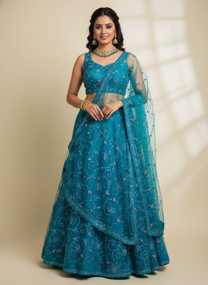 Teal Embellished lehenga choli Blouse with dupatta