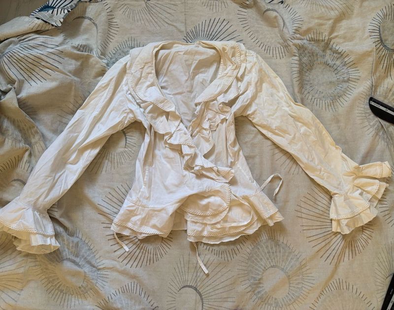 White Cotton shirt with Ruffle Hem