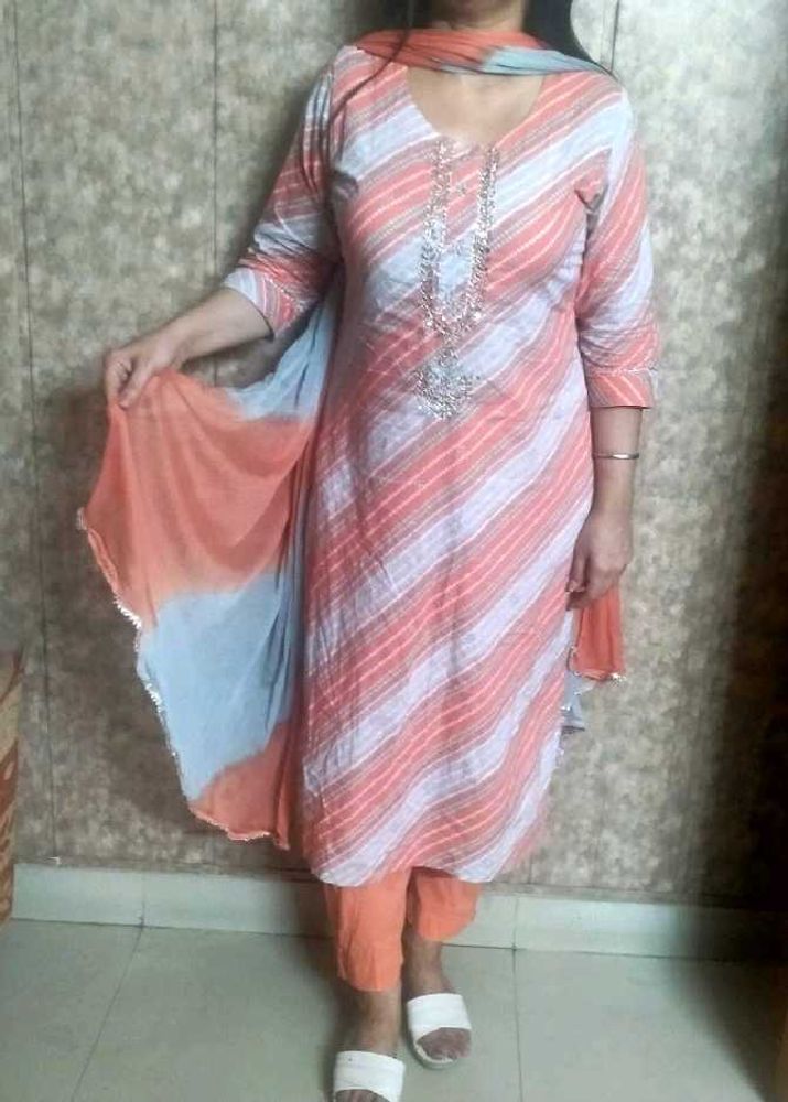 Cotton Striped Kurta Set with Dupatta