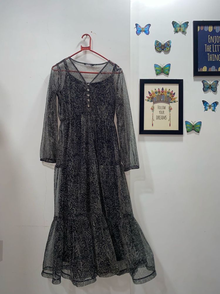 Sheer Black Printed Maxi Dress