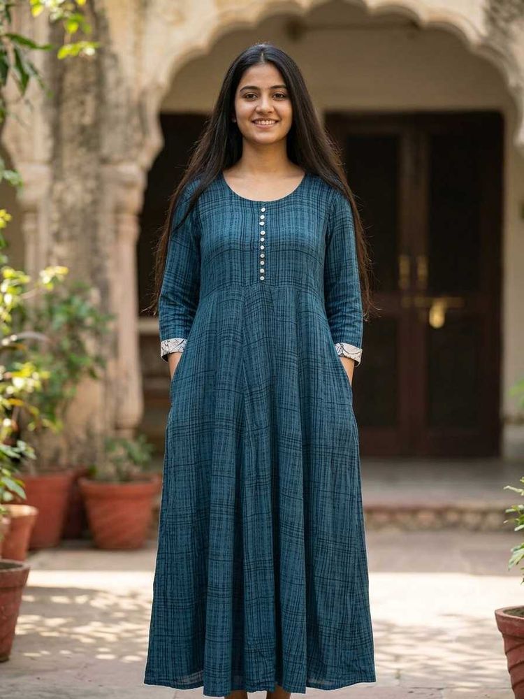 Elegant Teal Checkered  flared Kurti
