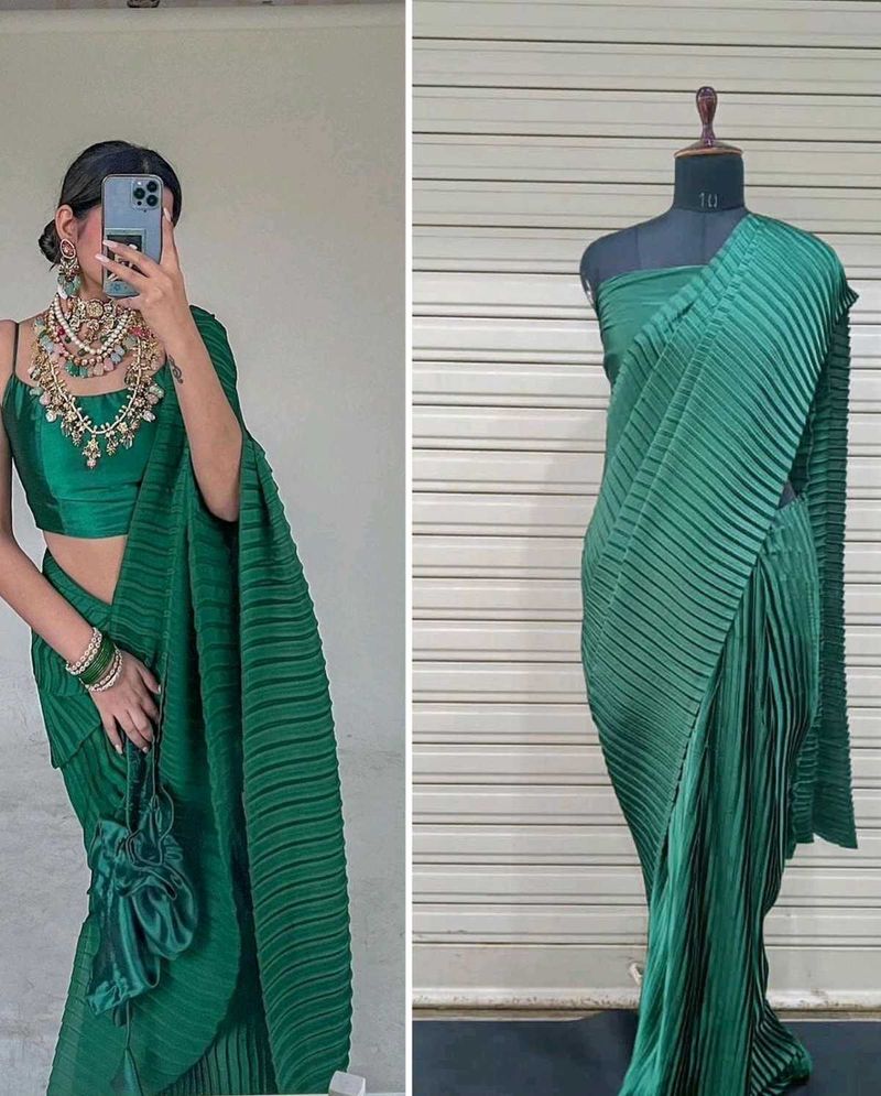 Green Pleated Saree with Blouse