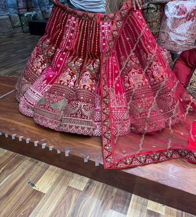 Red Embroidered Velvet Lehenga Choli