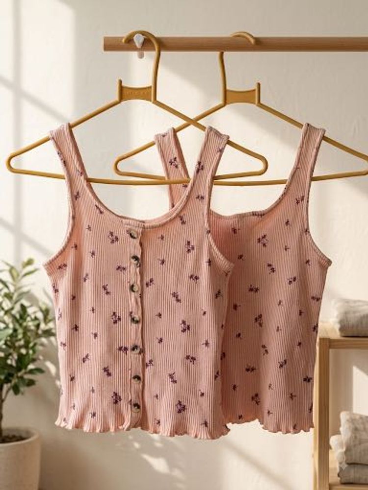 Cute Floral Ribbed Tank Tops -
