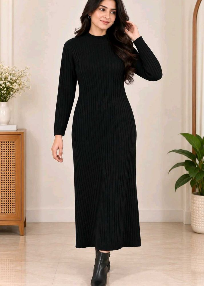 Black Ribbed Mock Neck Midi Dress