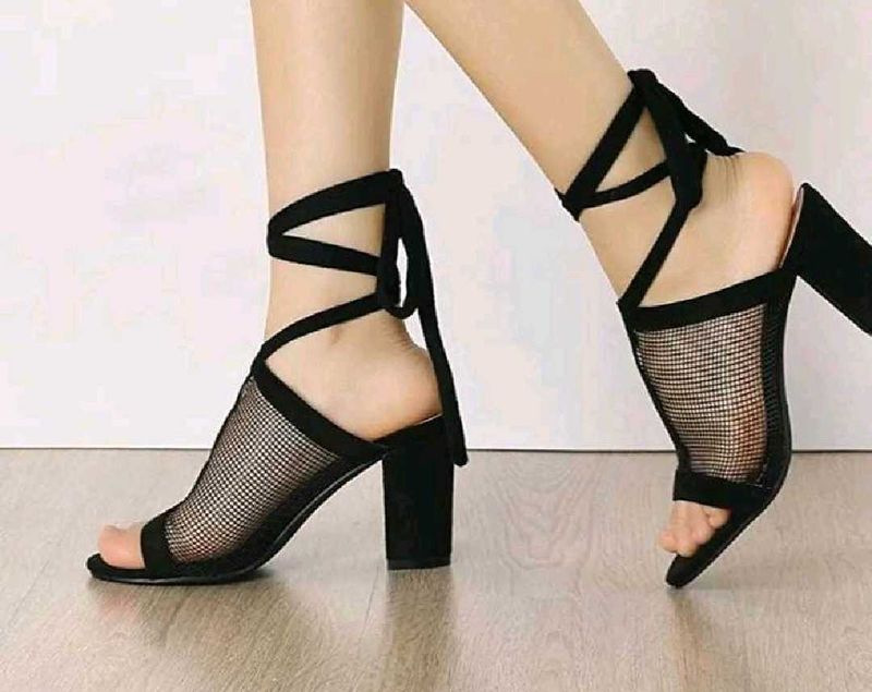 Black Lace-Up Mesh Heels