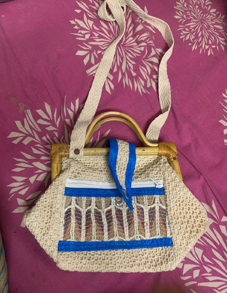 Boho Woven Crossbody Bag with Bamboo Handles