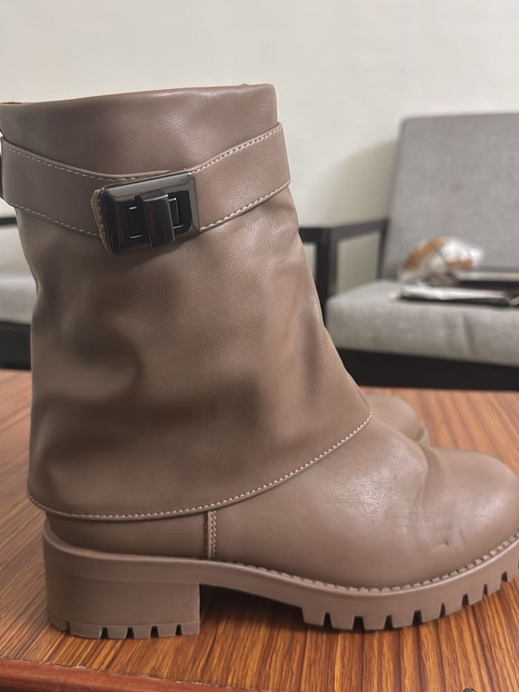 Chic Taupe Buckled Ankle Boots