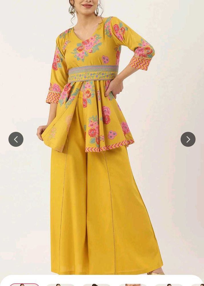 Yellow Floral Peplum Kurta with Palazzo
