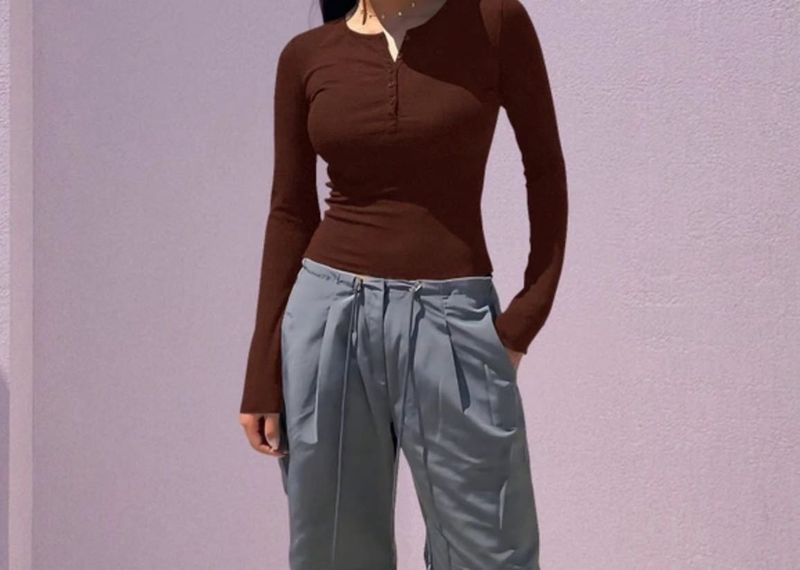 Brown Long Sleeve Henley Top