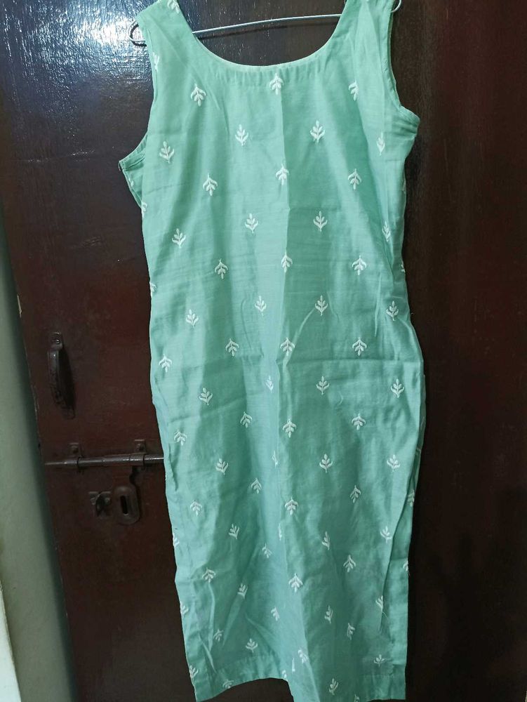 Green Kurta with White Leaf Print