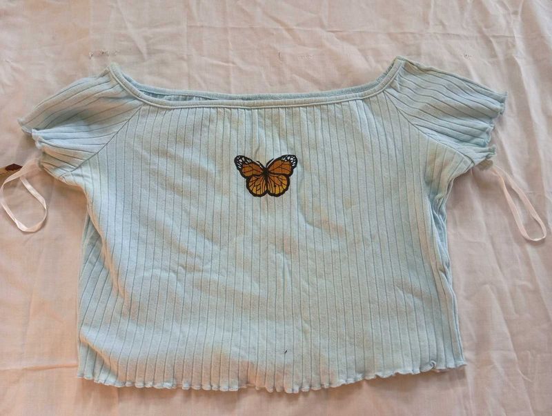 Light Blue Butterfly Crop Top
