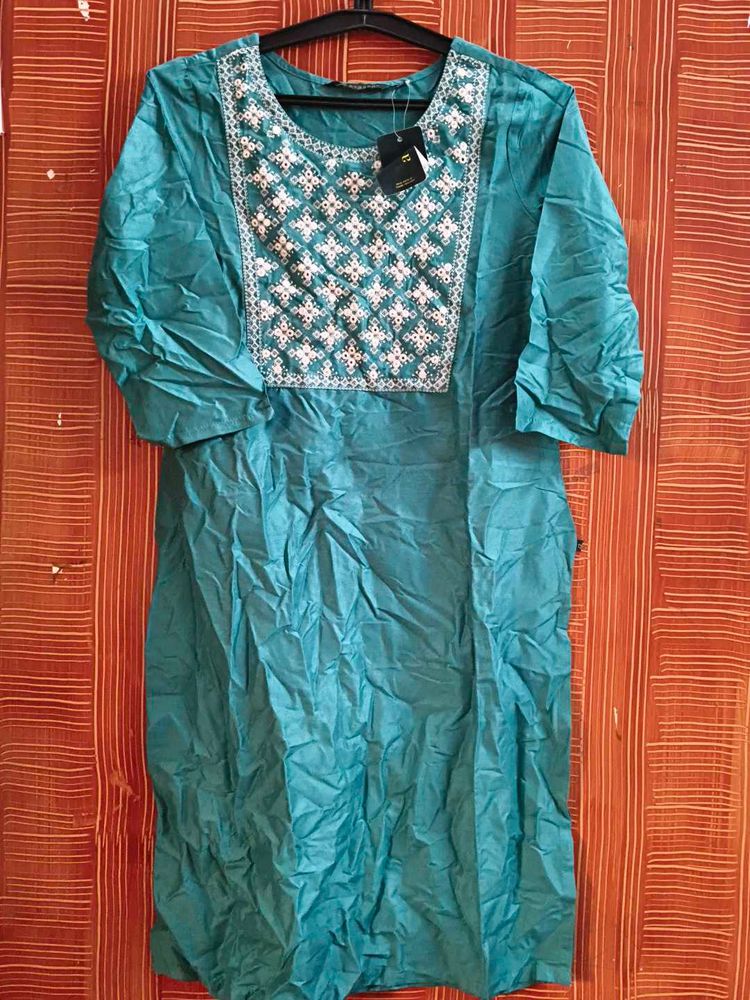 Teal Embroidered Kurta with Tag