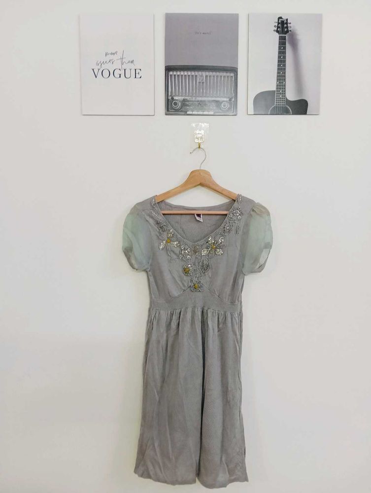 Gray Embellished Short Sleeve Dress