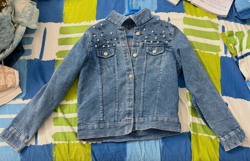 Stylish Denim Jacket with Pearls