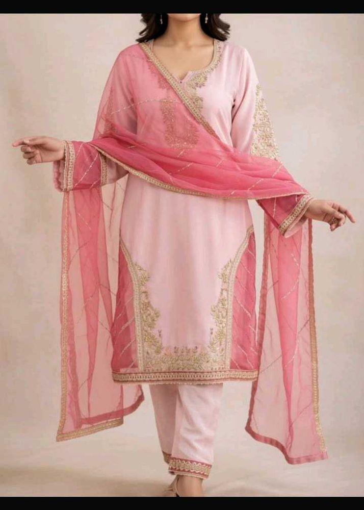 Elegant Pink Embroidered Kurta Set 3pc