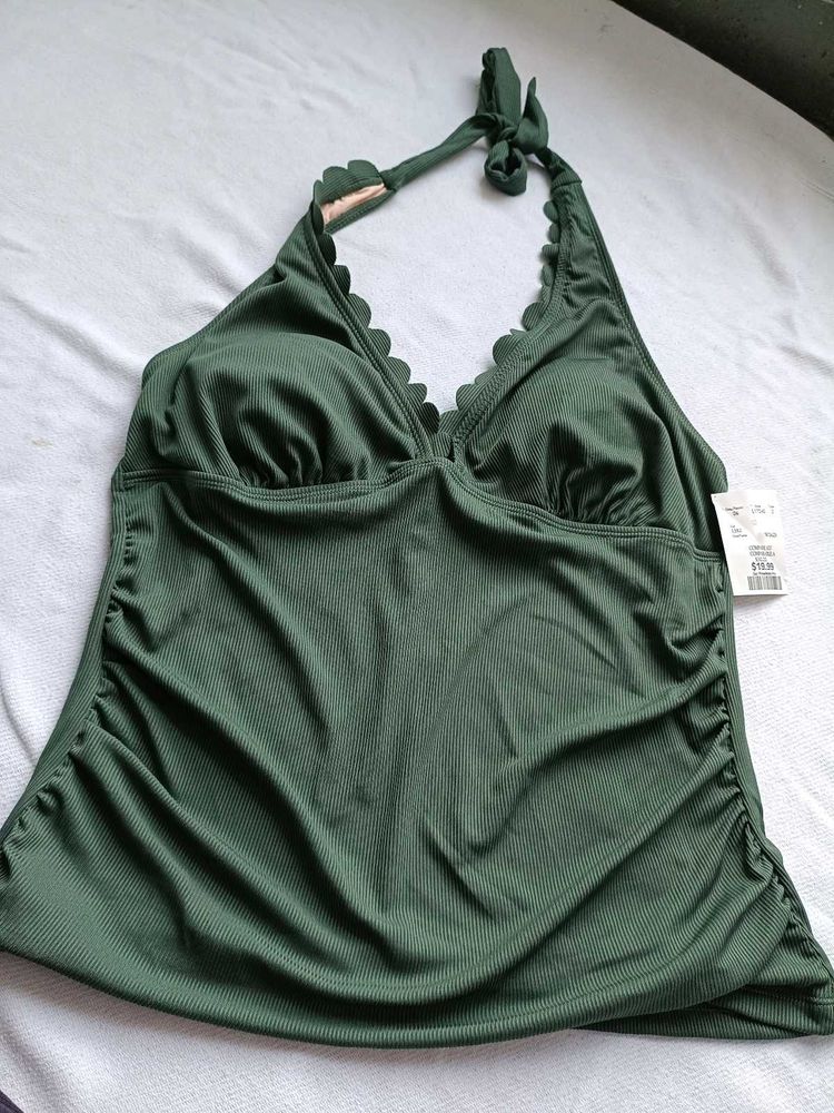 Olive Green Scalloped Halter Tankini Top