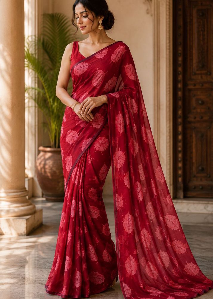 Elegant Red Leaf Print Saree