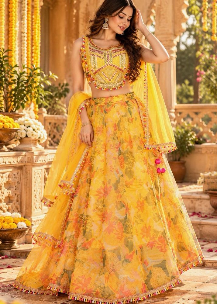 Vibrant Yellow Floral Lehenga Choli Set