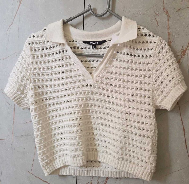 White Crochet Knit Polo Top