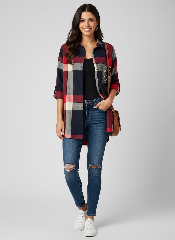 Women's Plaid Shirt with Embellished Pocket