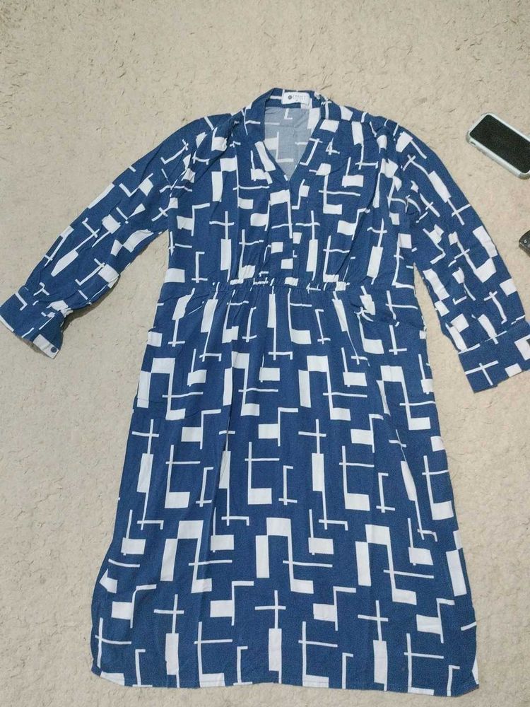 Blue Geometric Print Midi Dress