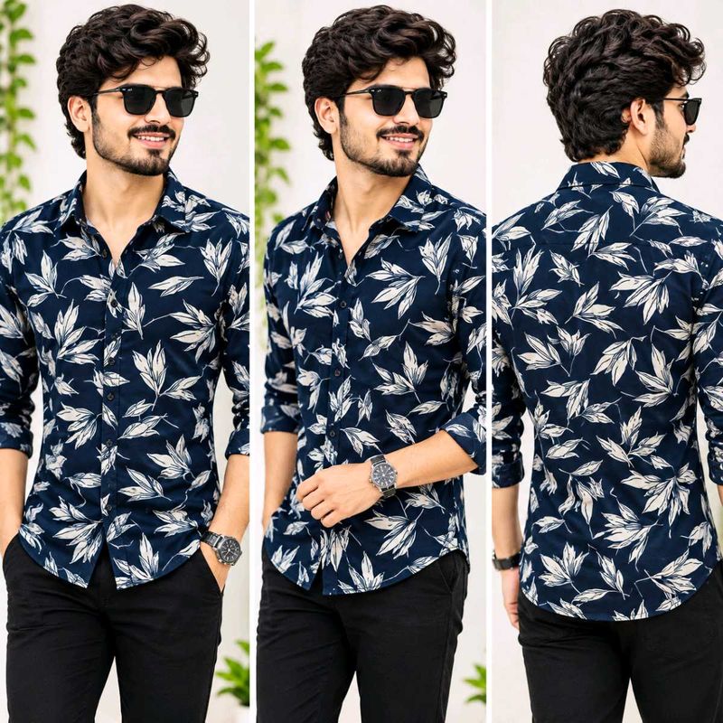 Stylish Navy Leaf Print Shirt