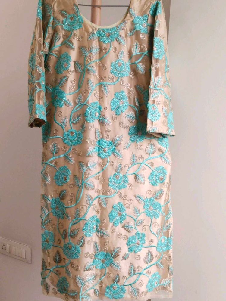 Gold &amp; Teal Embroidered gharara kurta set