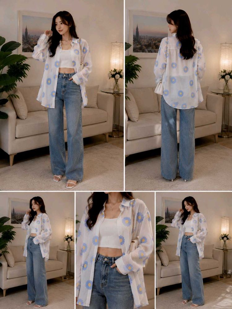 Sheer Floral Print Oversized Shirt