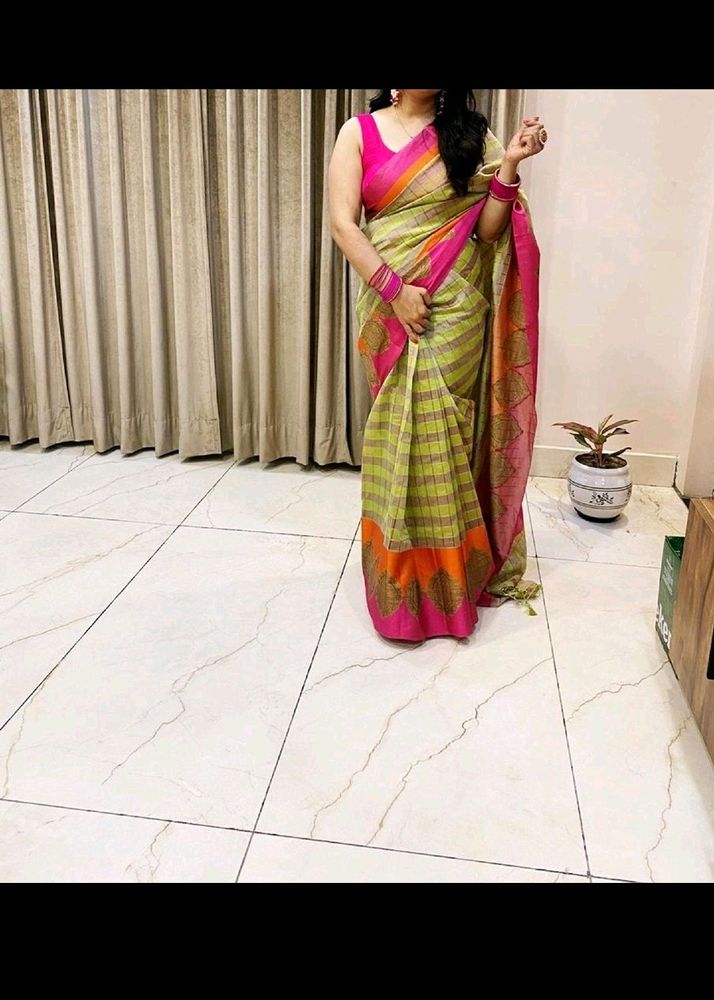 Green N Pink Saree with stiched blouse