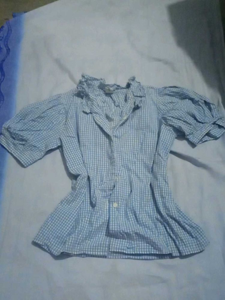 Blue Gingham Puff Sleeve Blouse