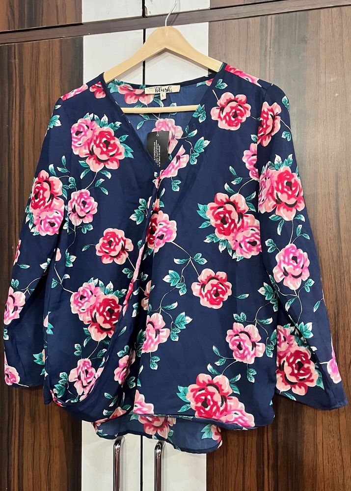 Chic Floral Print Navy Blue Top