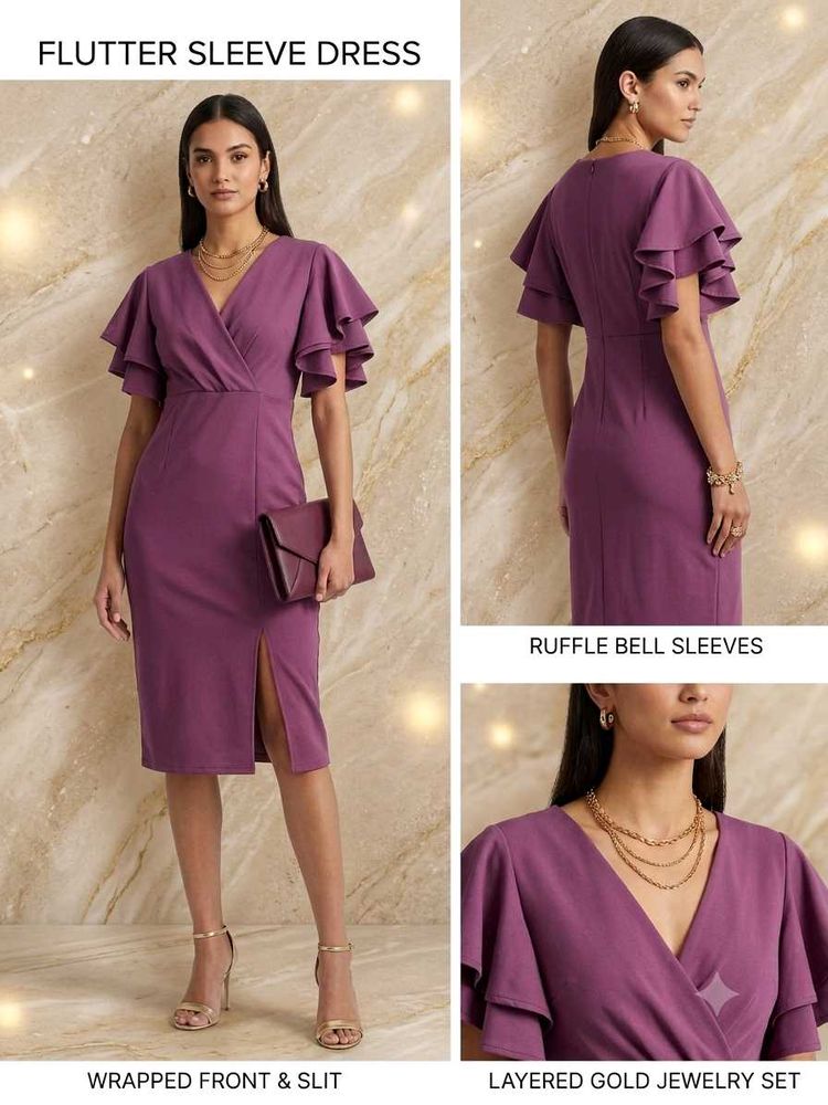 Elegant Premium Purple Flutter Sleeve Wrap Dress